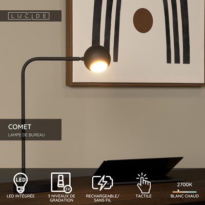 Lucide COMET - Lampe de bureau Rechargeable - Batterie/Piles - LED 3 StepDim - 1x3W 2700K - Noir
